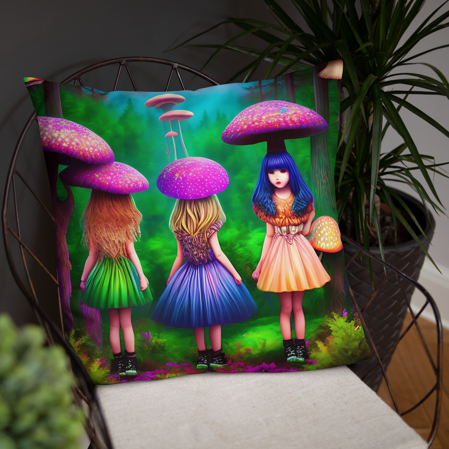 Psychedelic Forest Friends Basic Pillow by laurameghan